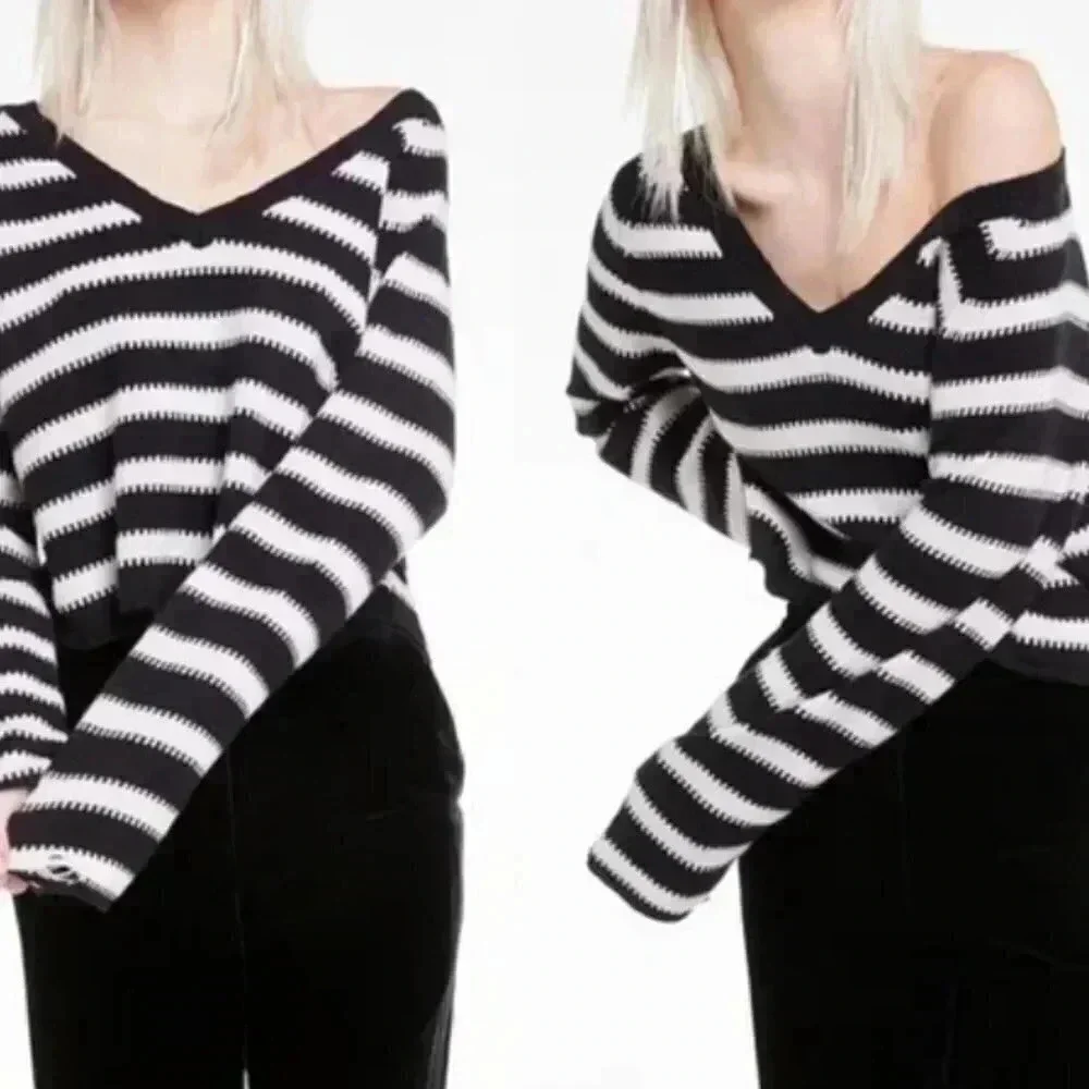 Wildfox Distressed Striped Vneck Sweater Black White
